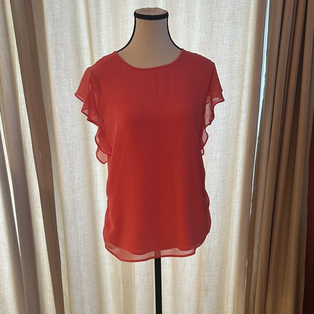 New York & Company Vibrant Coral Ruffle Sleeve Blouse